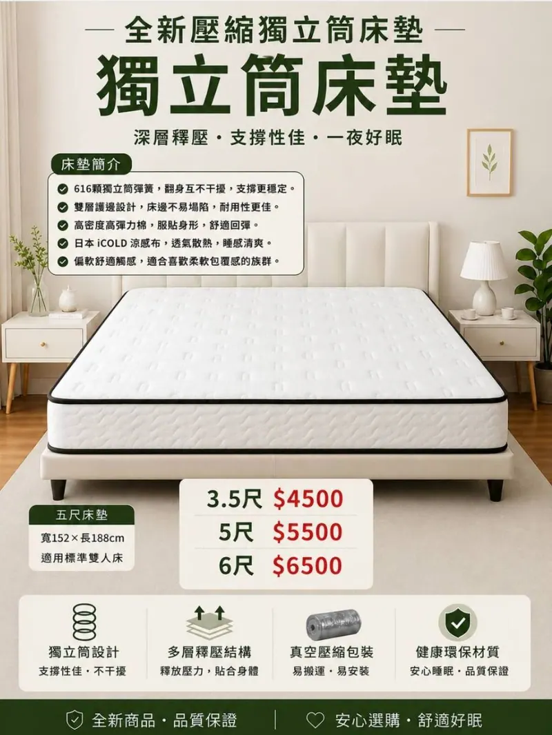 全新壓縮獨立桶床墊/加護邊(全新)- 全盛傢俱家電 台中西屯門市